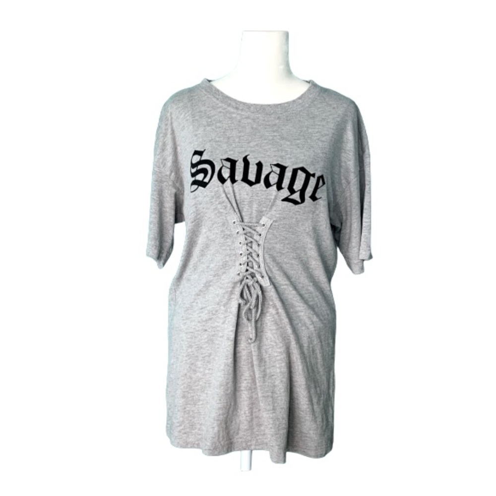 *Streetwear Society Graphic T-shirt Gray Large "Savage" Front Laced Tie Casual